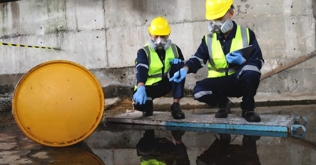 Two workers wearing hard hats and other protective gear crouch and point at some environmental contamination.