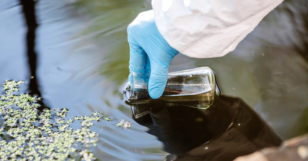 A close-up of a person in a white lab coat taking a water sample from a pond with a beaker in a blue-gloved hand.