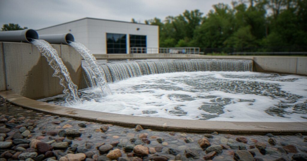 two pipes pouring water into a circular concrete basin with foam, rocks, a building, railings, and trees nearby.