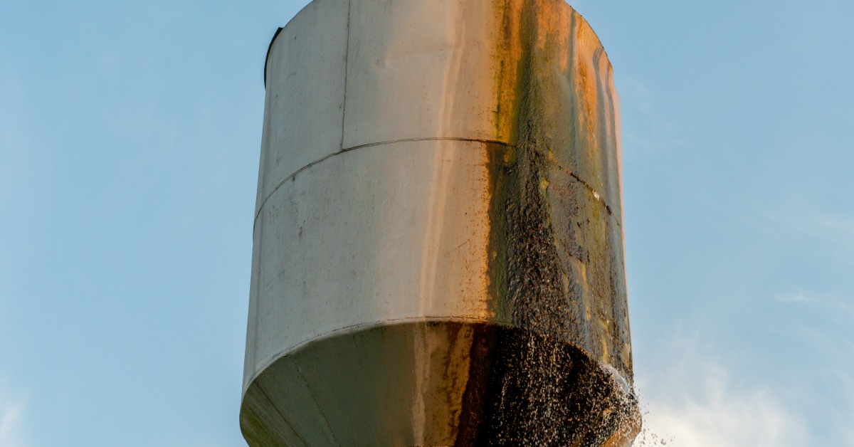 a rust-stained metal water tank leaking water down one side against a blue sky with light clouds behind it.