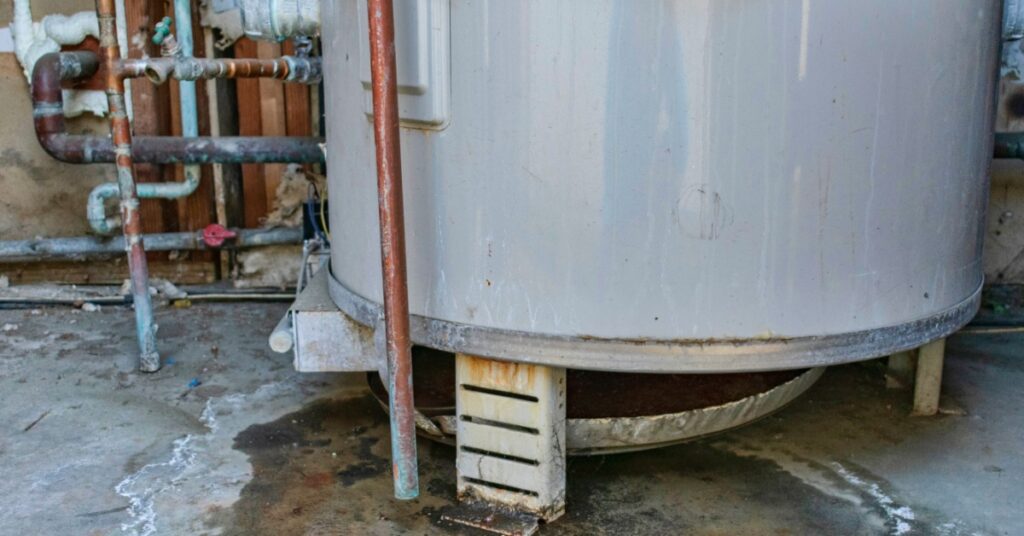 a large water tank with connected pipes, metal bands, rust marks, and water spread across a concrete floor.